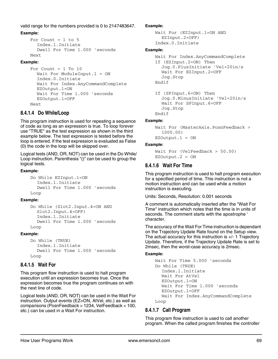 Emerson P/N 400361-00 manual Do While/Loop, Wait For Time, Call Program, Valid range for the numbers provided is 0 to 