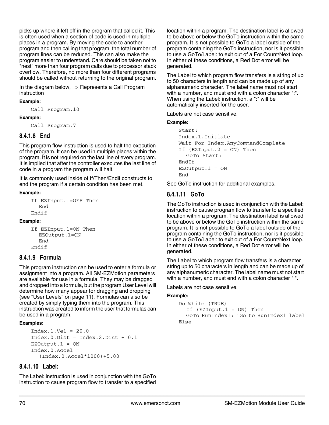 Emerson P/N 400361-00 manual 1.8 End, Formula, Label, See GoTo instruction for additional examples 