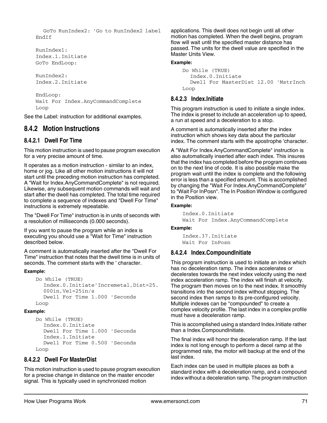 Emerson P/N 400361-00 Motion Instructions, Dwell For Time, Dwell For MasterDist, Index.Initiate, Index.CompoundInitiate 