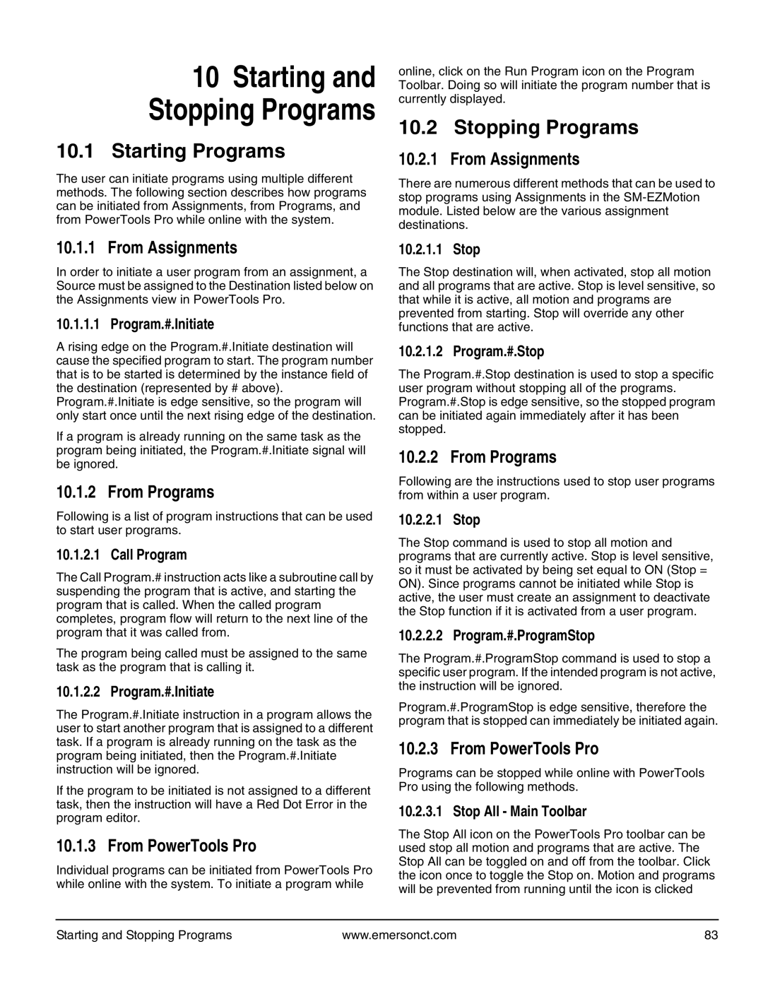 Emerson P/N 400361-00 Starting Programs, Stopping Programs, Program.#.Initiate, Program.#.Stop, Program.#.ProgramStop 