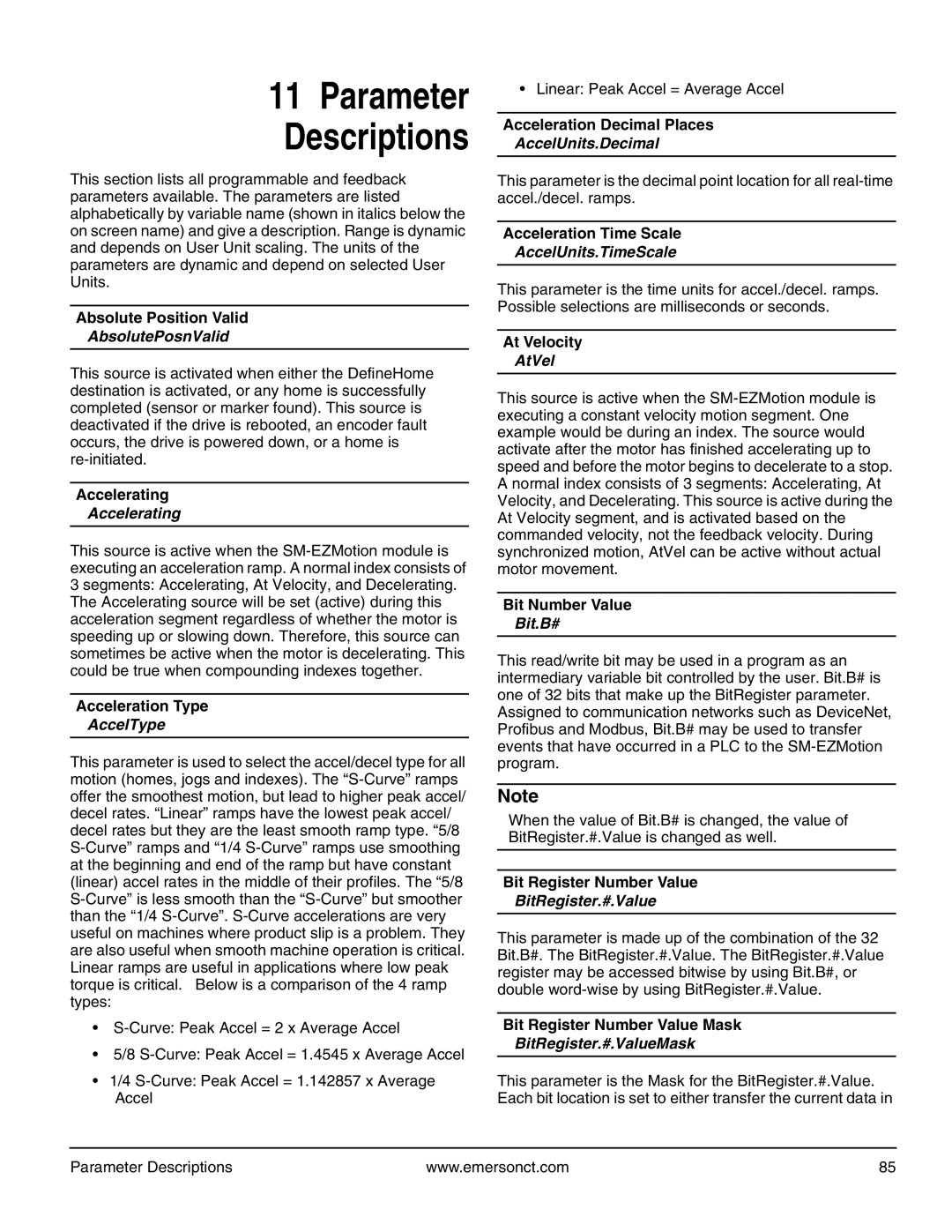 Emerson P/N 400361-00 AbsolutePosnValid, Accelerating, AccelType, AccelUnits.Decimal, AccelUnits.TimeScale, AtVel, Bit.B# 