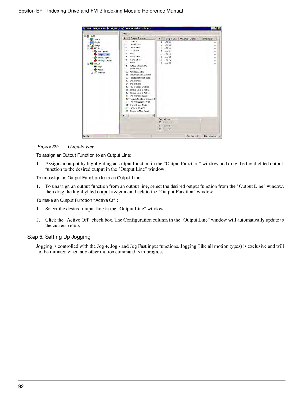 Emerson P/N 400518-02 manual Setting Up Jogging, To assign an Output Function to an Output Line 