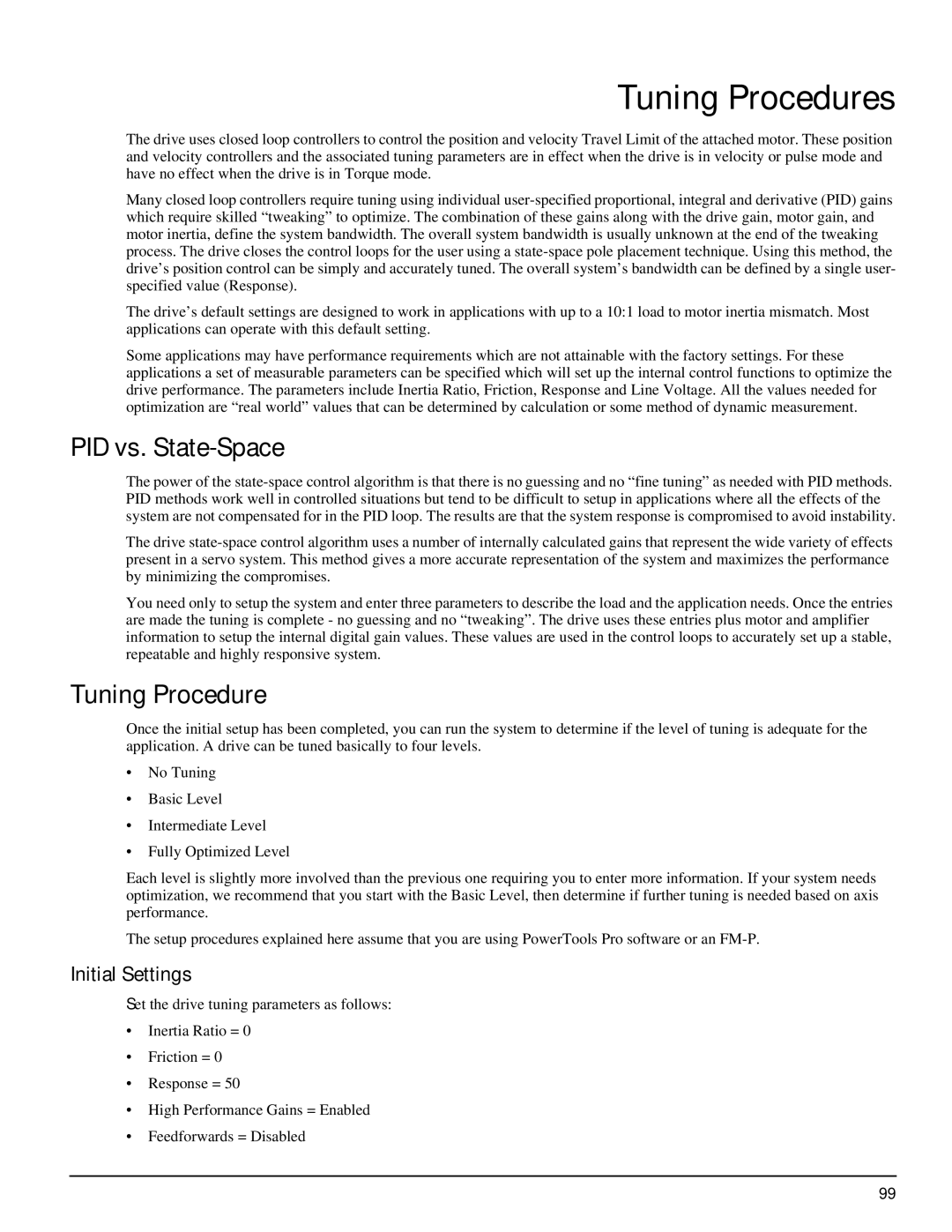 Emerson P/N 400518-02 manual Tuning Procedures, PID vs. State-Space, Initial Settings 