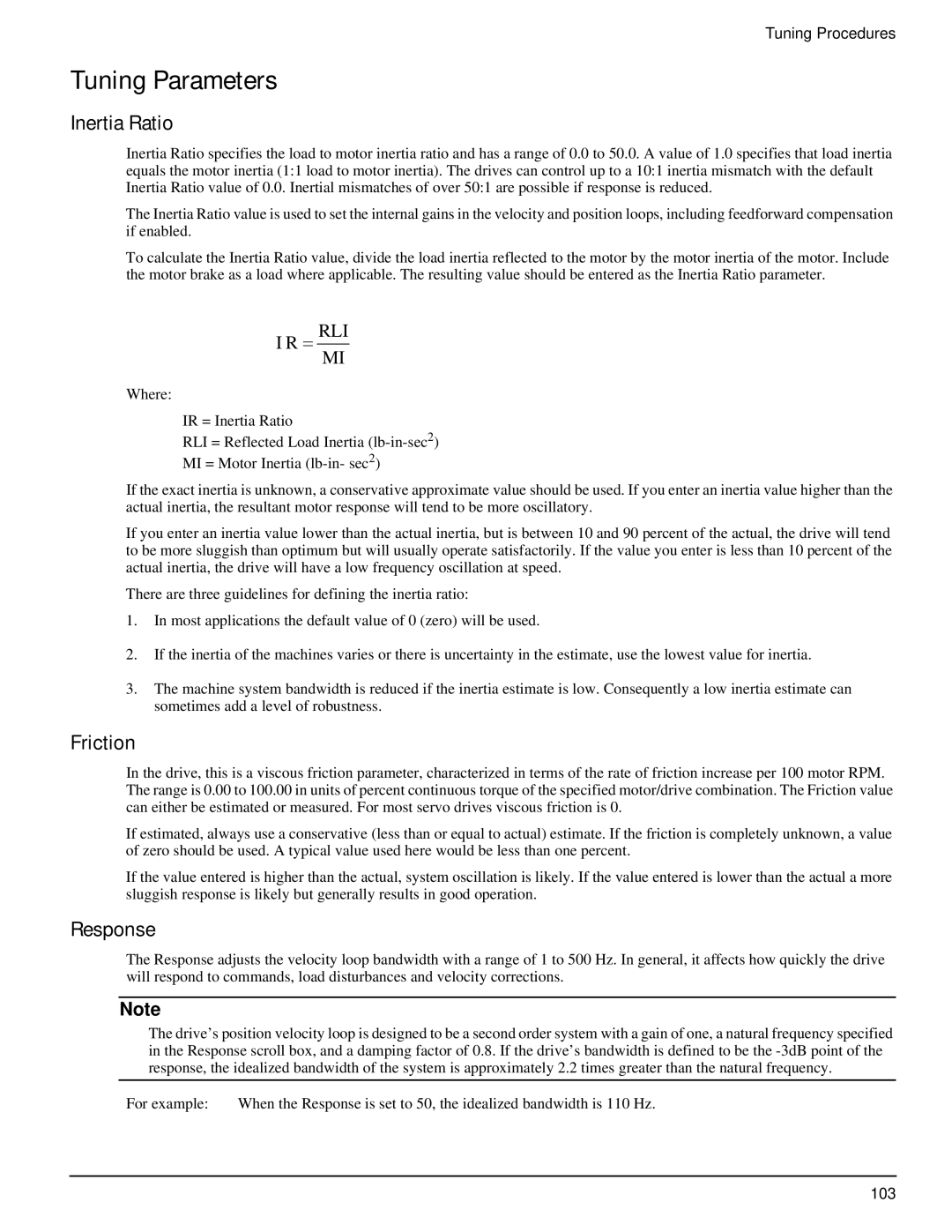 Emerson P/N 400518-02 manual Tuning Parameters, Inertia Ratio, Friction, Response 