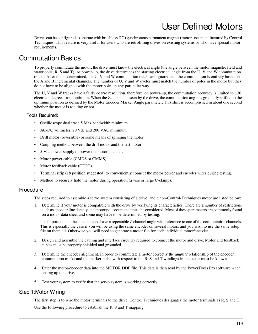 Emerson P/N 400518-02 manual User Defined Motors, Commutation Basics, Procedure, Motor Wiring, Tools Required 