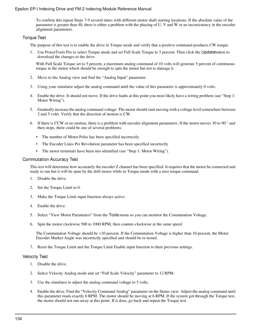 Emerson P/N 400518-02 manual Torque Test, Commutation Accuracy Test, Velocity Test 