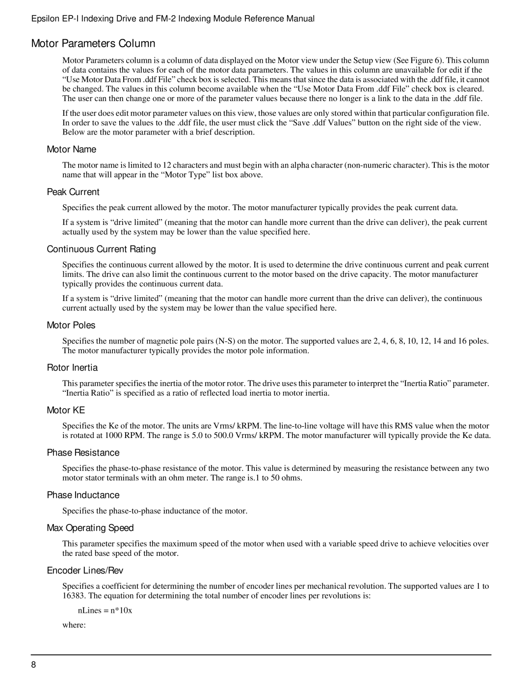 Emerson P/N 400518-02 manual Motor Parameters Column 