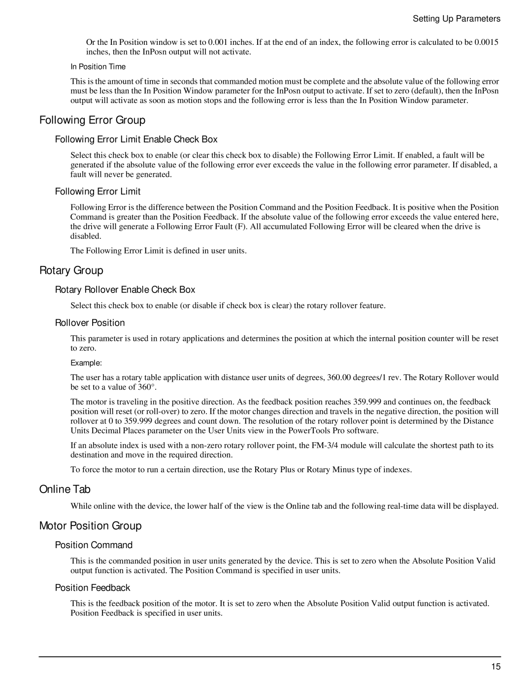 Emerson P/N 400518-02 manual Following Error Group, Rotary Group, Online Tab, Motor Position Group 