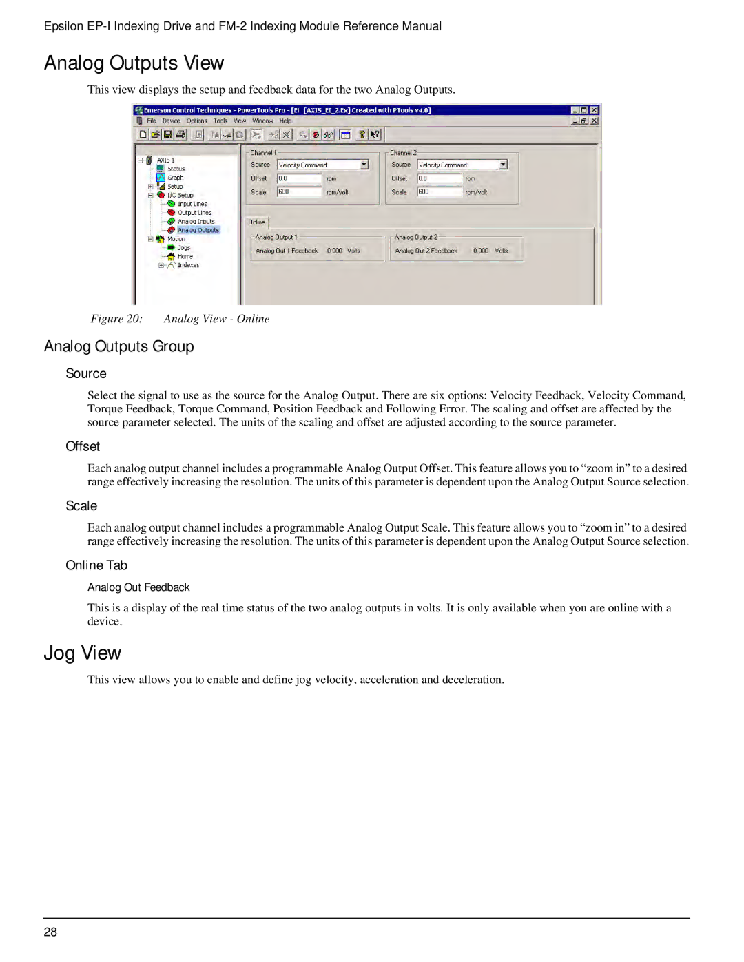 Emerson P/N 400518-02 manual Analog Outputs View, Jog View, Analog Outputs Group 
