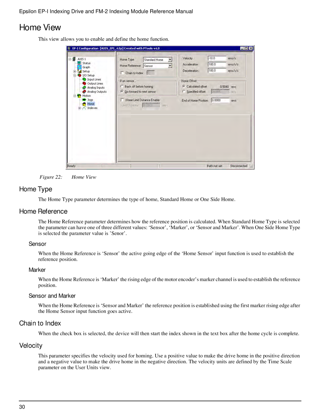 Emerson P/N 400518-02 manual Home View, Home Type, Home Reference, Chain to Index, Velocity 