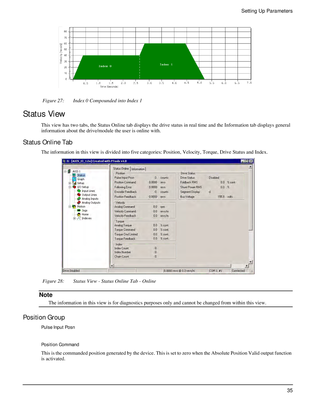 Emerson P/N 400518-02 manual Status View, Status Online Tab, Position Group, Pulse Input Posn Position Command 