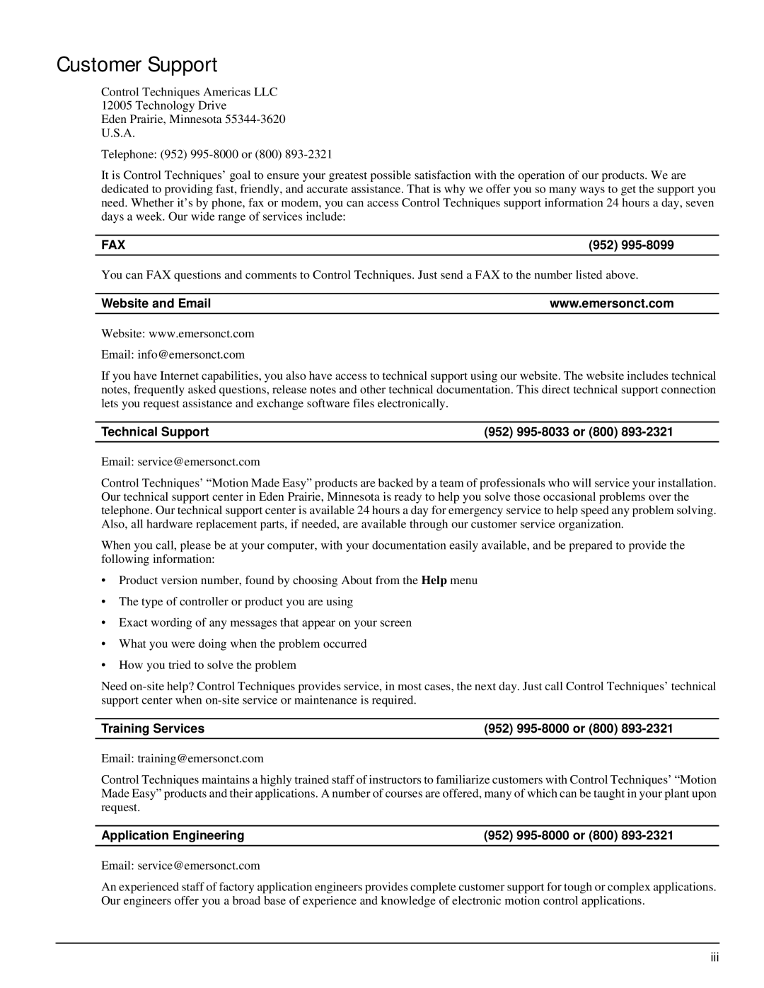 Emerson P/N 400518-02 manual Customer Support 