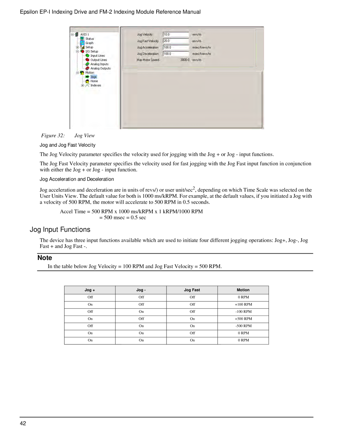 Emerson P/N 400518-02 manual Jog Input Functions, Jog and Jog Fast Velocity, Jog Acceleration and Deceleration 