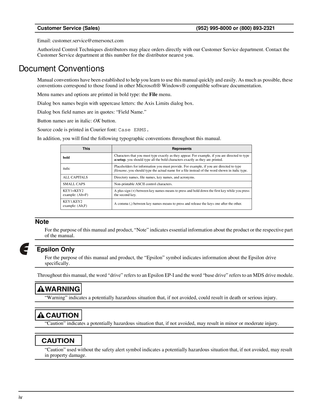 Emerson P/N 400518-02 manual Document Conventions, Epsilon Only, Customer Service Sales 952 995-8000 or 800 