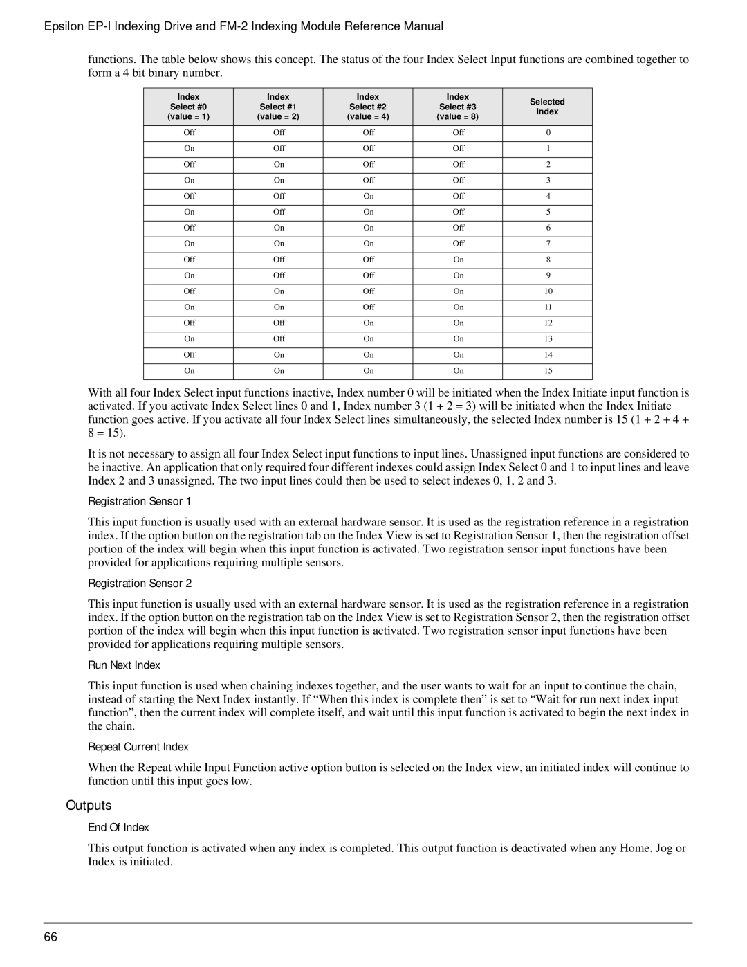 Emerson P/N 400518-02 manual Outputs, Registration Sensor, Run Next Index, Repeat Current Index, End Of Index 