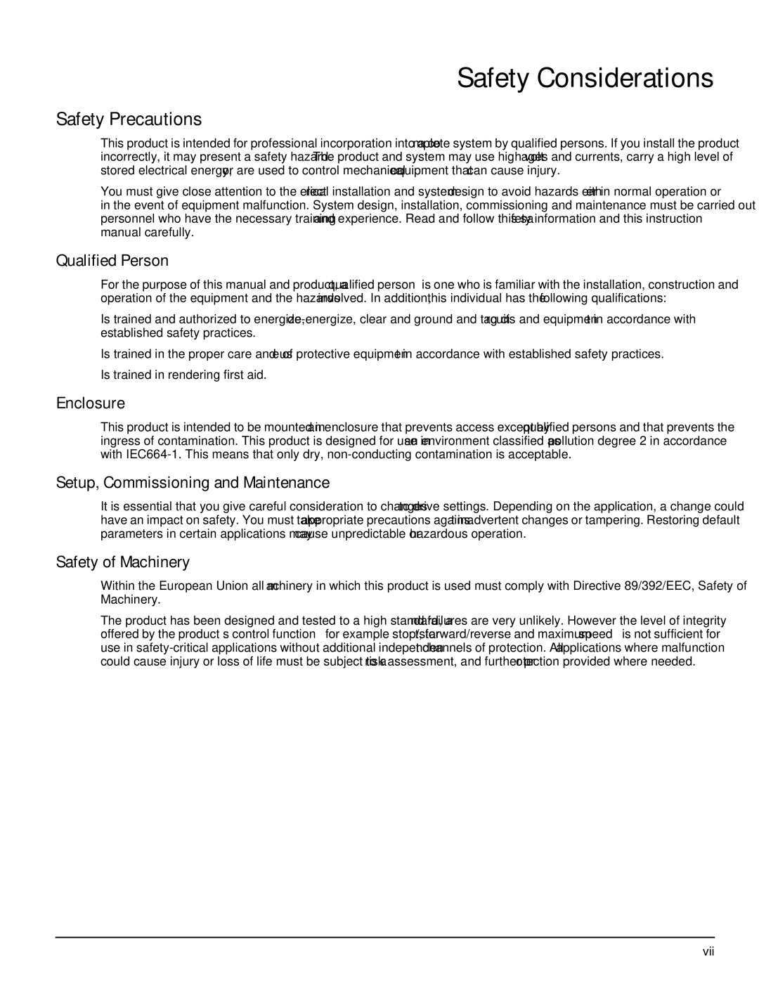 Emerson P/N 400518-02 manual Safety Considerations, Enclosure, Setup, Commissioning and Maintenance, Safety of Machinery 