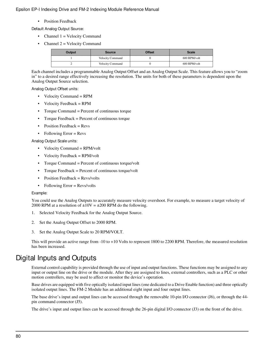 Emerson P/N 400518-02 manual Digital Inputs and Outputs, Default Analog Output Source, Analog Output Offset units 