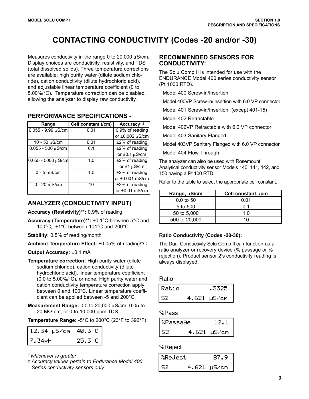 Emerson PN 51-1055pHC/rev.K Performance Specifications, Analyzer Conductivity Input, Recommended Sensors for Conductivity 