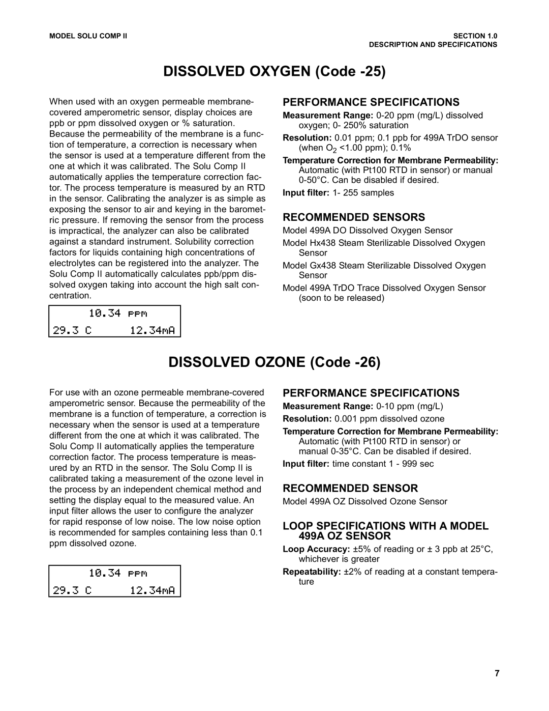 Emerson PN 51-1055pHC/rev.K instruction manual Recommended Sensor, Loop Specifications with a Model 499A OZ Sensor 