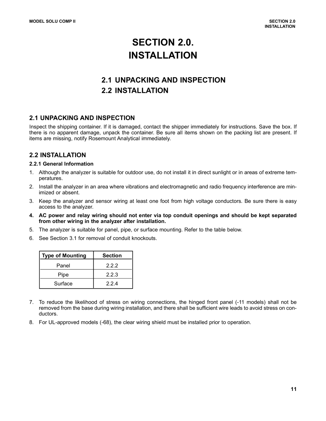 Emerson PN 51-1055pHC/rev.K Section Installation, Unpacking and Inspection, General Information, Type of Mounting Section 