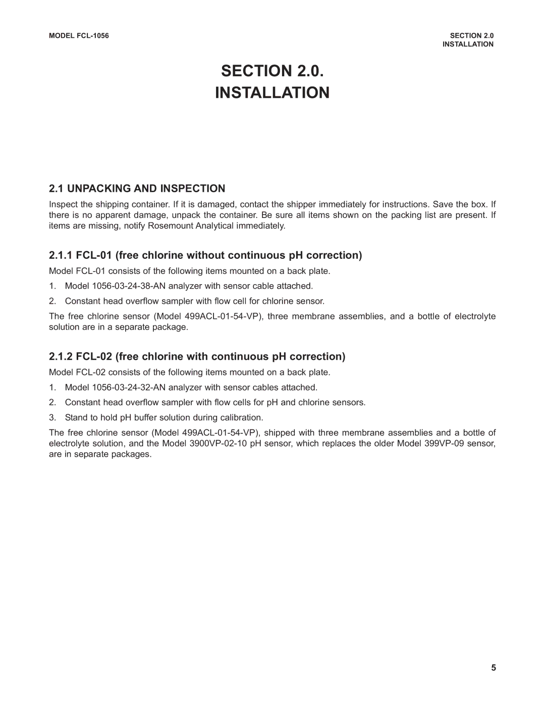 Emerson 1056 Section Installation, Unpacking and Inspection, FCL-01 free chlorine without continuous pH correction 