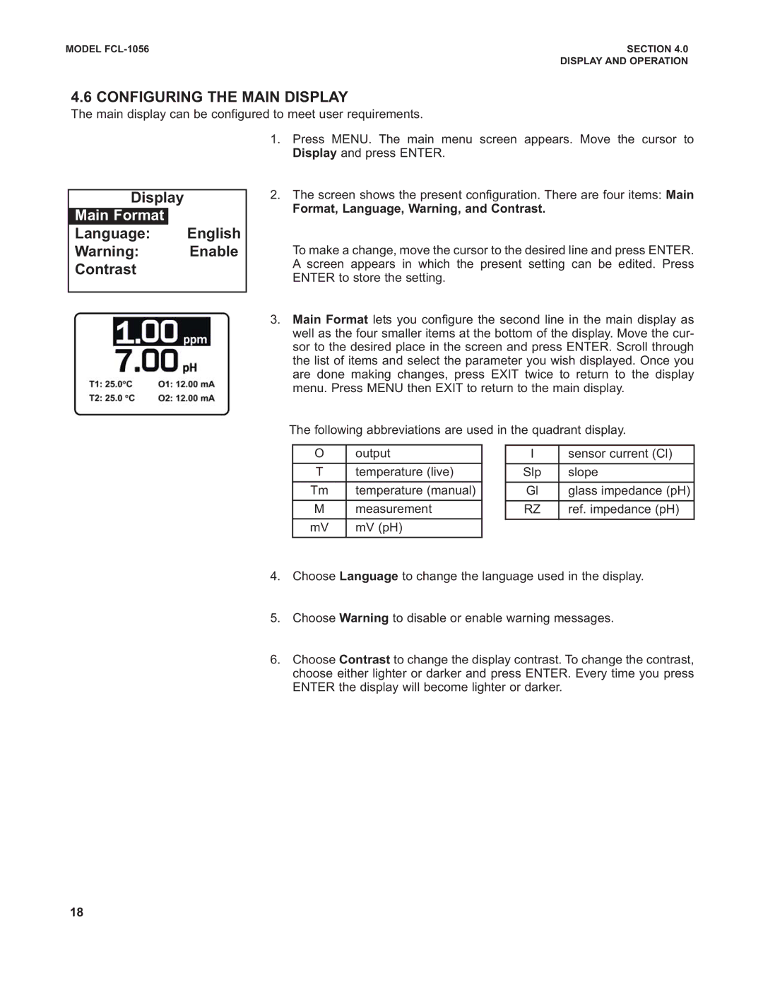 Emerson PN 51-FCL-1056 instruction manual Configuring the Main Display, Main Format, Language English Contrast 