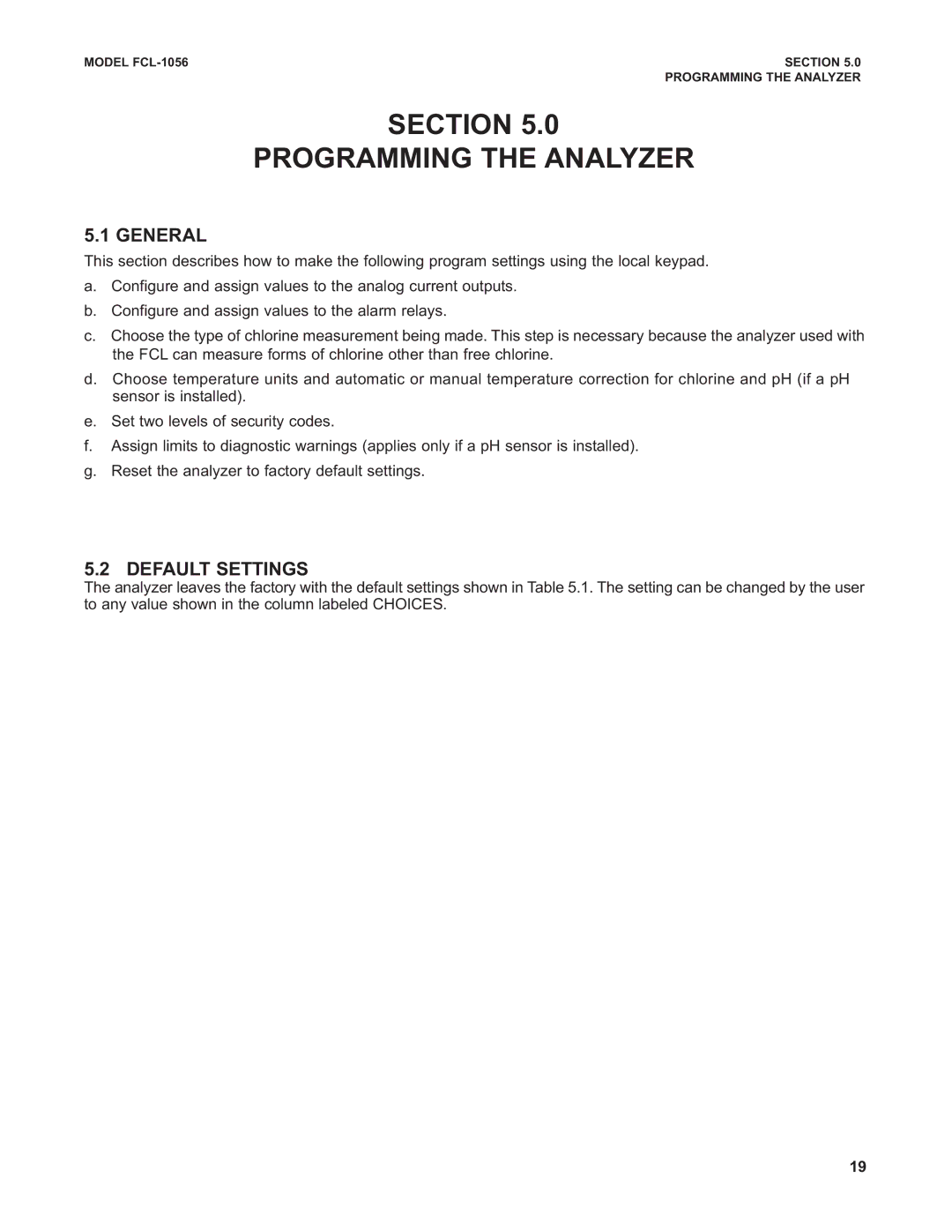 Emerson PN 51-FCL-1056 instruction manual Section Programming the Analyzer, General, Default Settings 