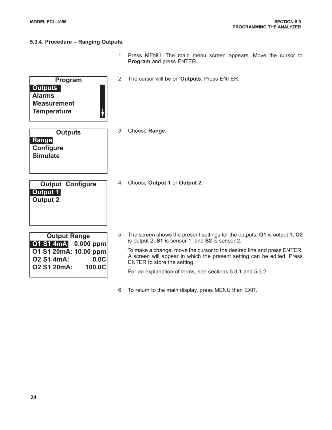 Emerson PN 51-FCL-1056 Configure Simulate Output Configure, Output Output Range, Procedure Ranging Outputs 