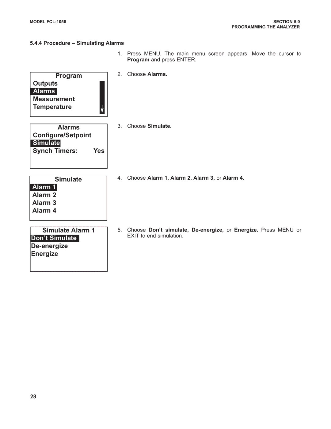 Emerson PN 51-FCL-1056 Alarms Configure/Setpoint, Alarm Simulate Alarm, Don’t Simulate, De-energize Energize 