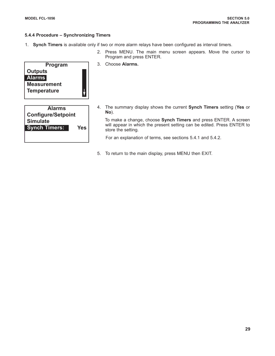 Emerson PN 51-FCL-1056 Alarms Configure/Setpoint Simulate, Synch Timers Yes, Procedure Synchronizing Timers 