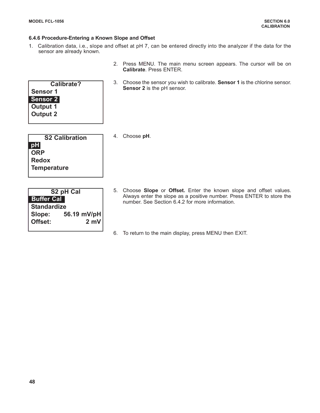 Emerson PN 51-FCL-1056 instruction manual Redox Temperature S2 pH Cal, Procedure-Entering a Known Slope and Offset 