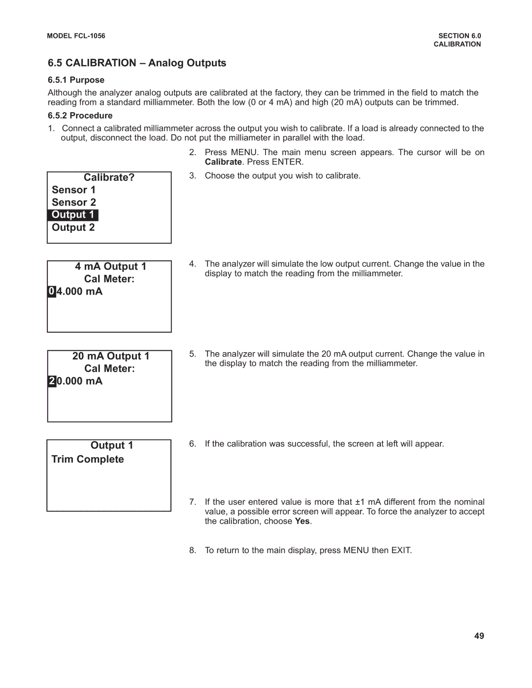 Emerson PN 51-FCL-1056 instruction manual Calibration Analog Outputs, MA Output Cal Meter 000 mA Trim Complete 