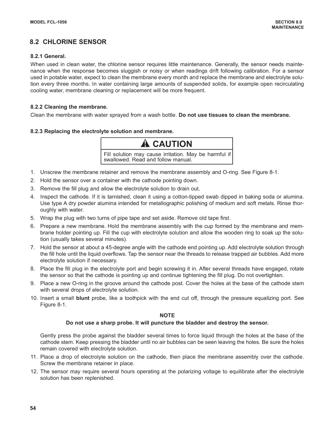 Emerson PN 51-FCL-1056 Chlorine Sensor, General, Cleaning the membrane, Replacing the electrolyte solution and membrane 