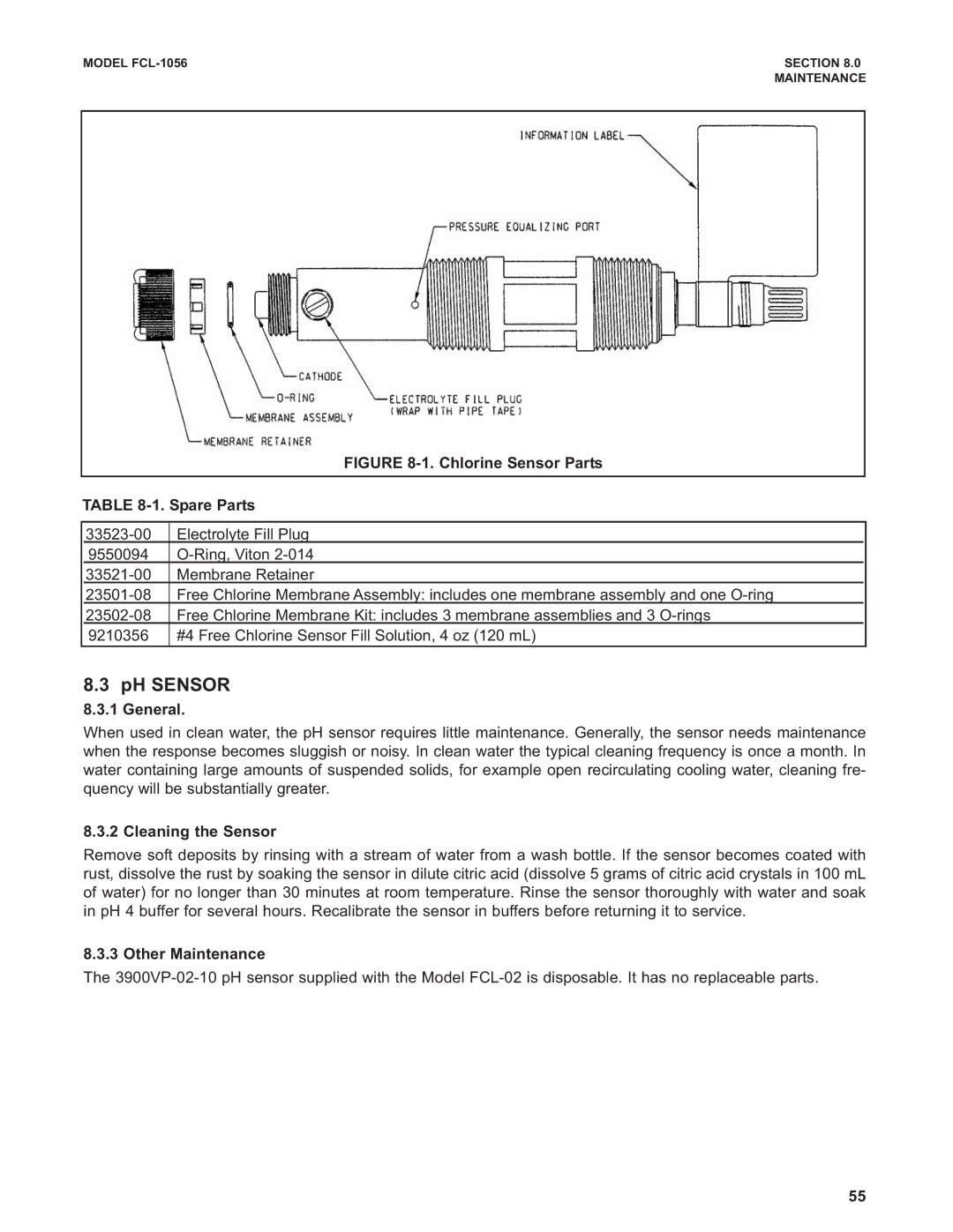 Emerson PN 51-FCL-1056 instruction manual PH Sensor, Cleaning the Sensor, Other Maintenance 