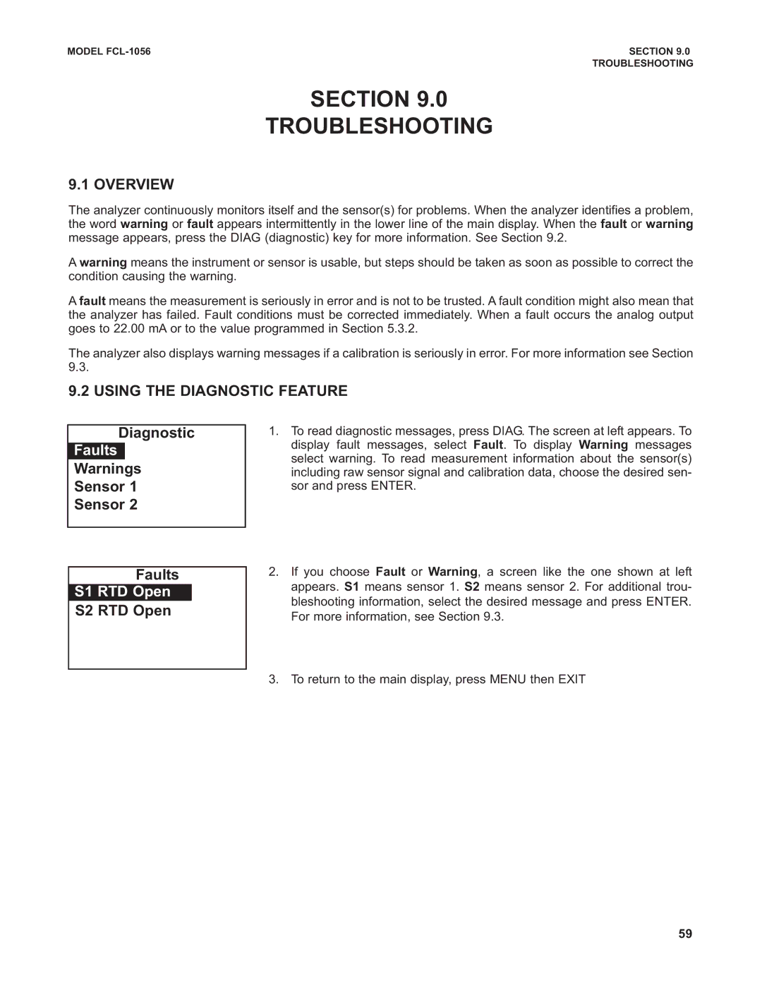 Emerson PN 51-FCL-1056 Section Troubleshooting, Overview, Using the Diagnostic Feature, Faults, S1 RTD Open 