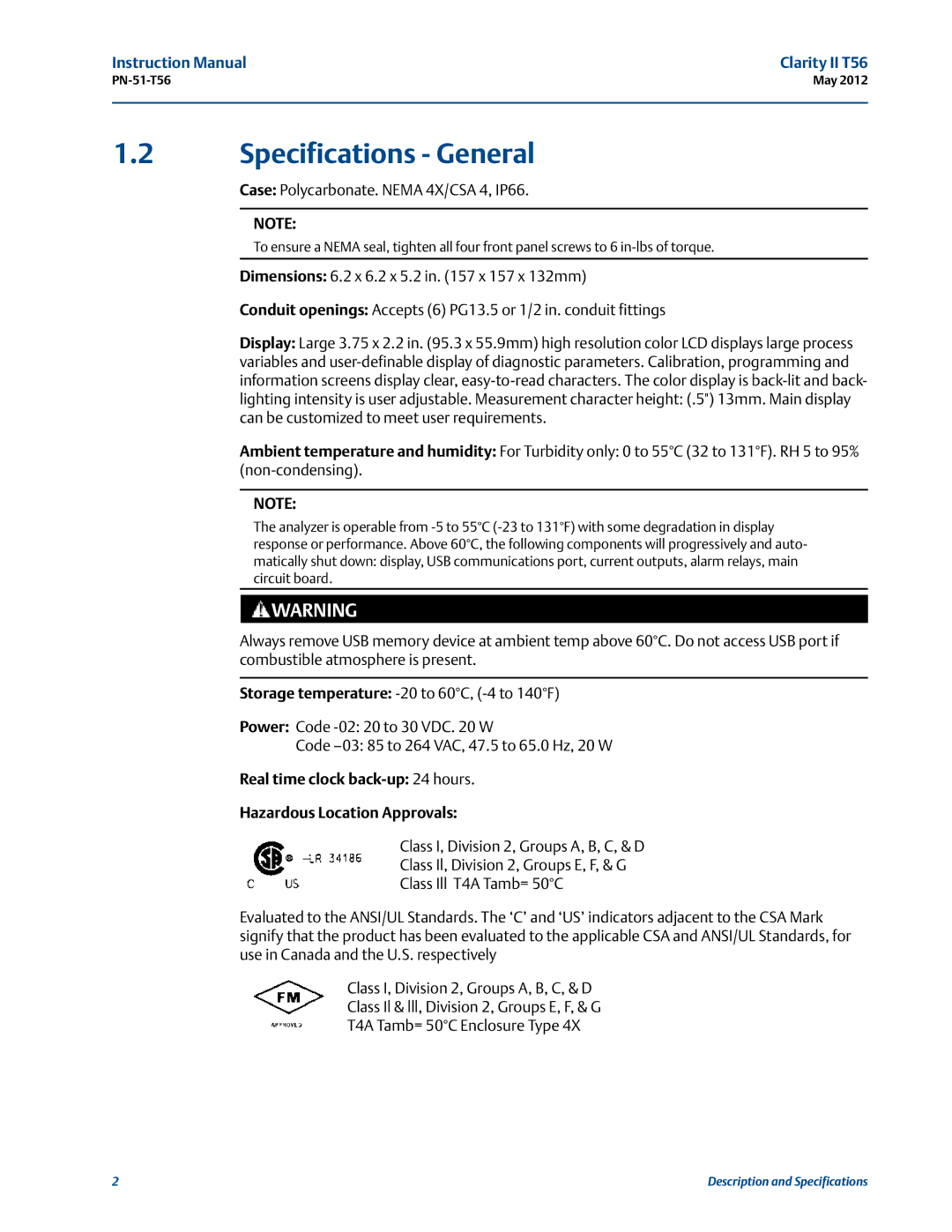 Emerson PN-51-T56 instruction manual Specifications General 