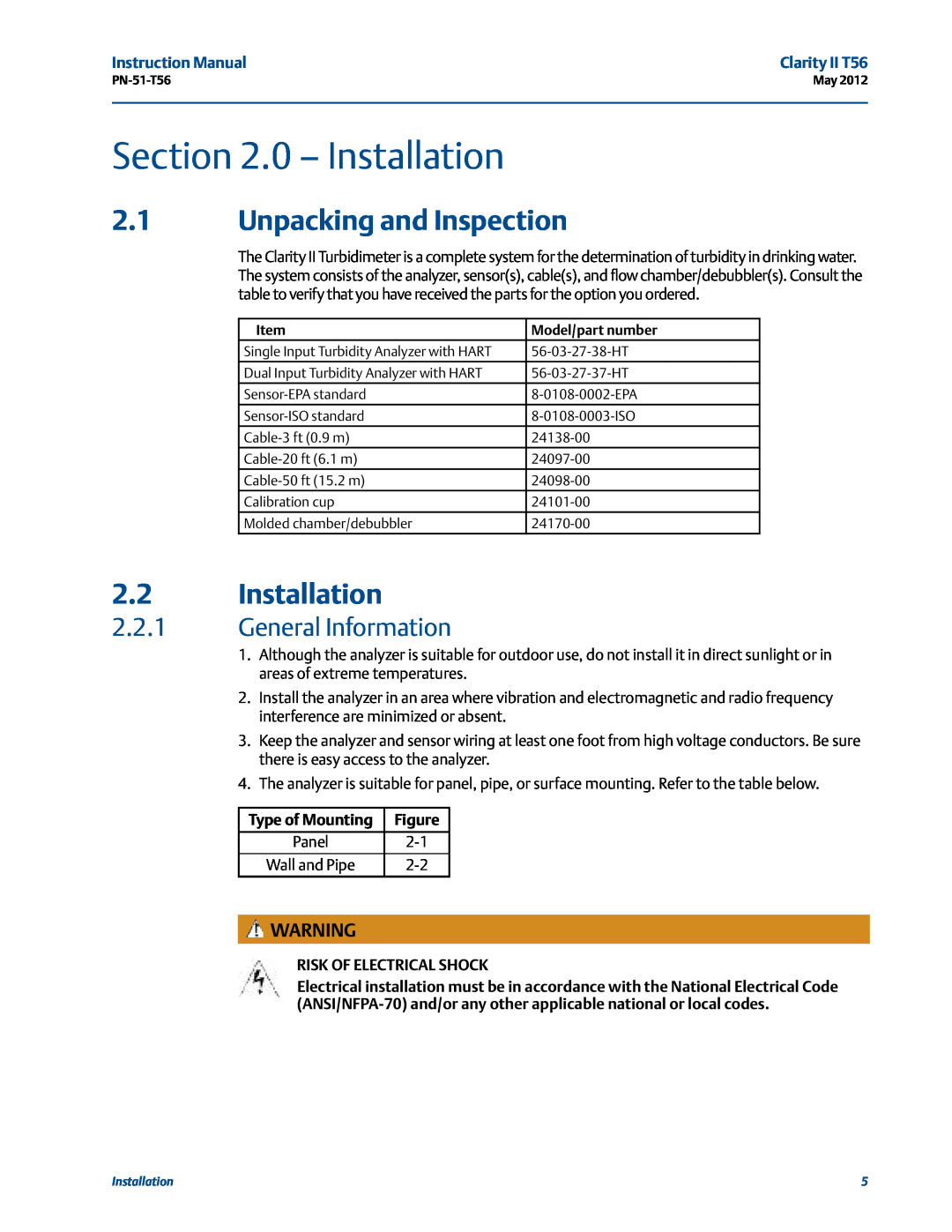 Emerson PN-51-T56 instruction manual 0 - Installation, Unpacking and Inspection, General Information, Type of Mounting 