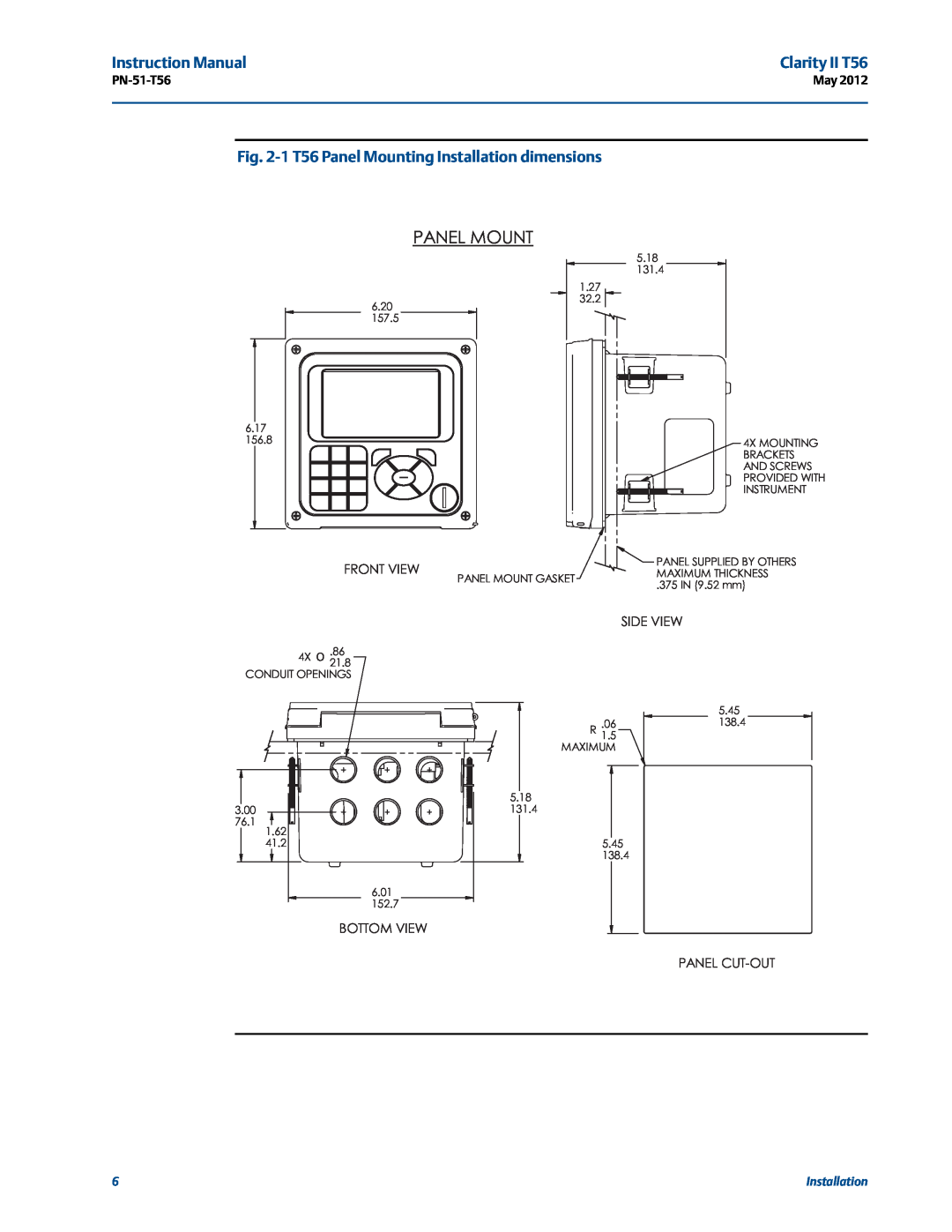 Emerson PN-51-T56 instruction manual 1 T56 Panel Mounting Installation dimensions, Clarity II T56 