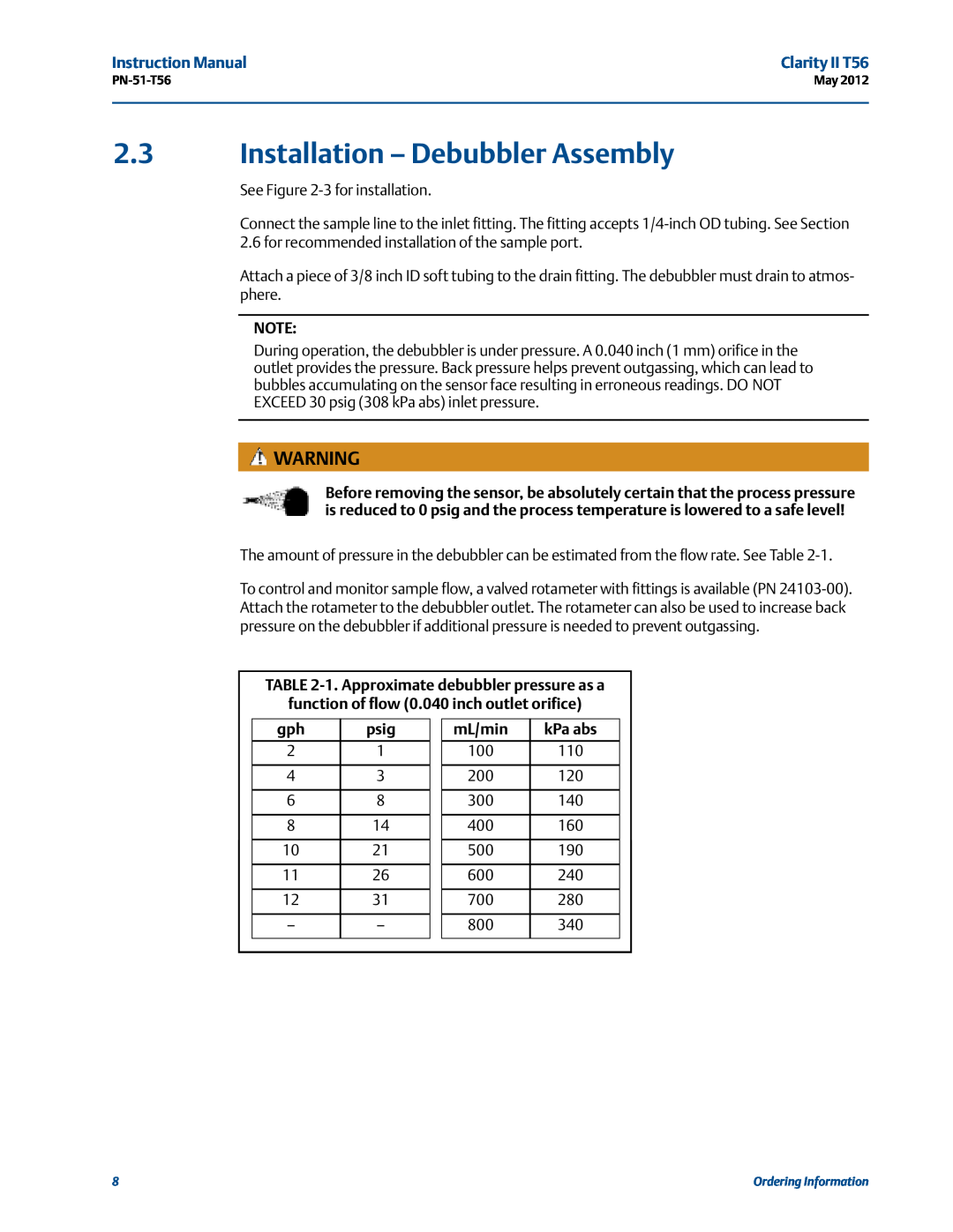 Emerson PN-51-T56 instruction manual Installation - Debubbler Assembly, 1. Approximate debubbler pressure as a, psig 