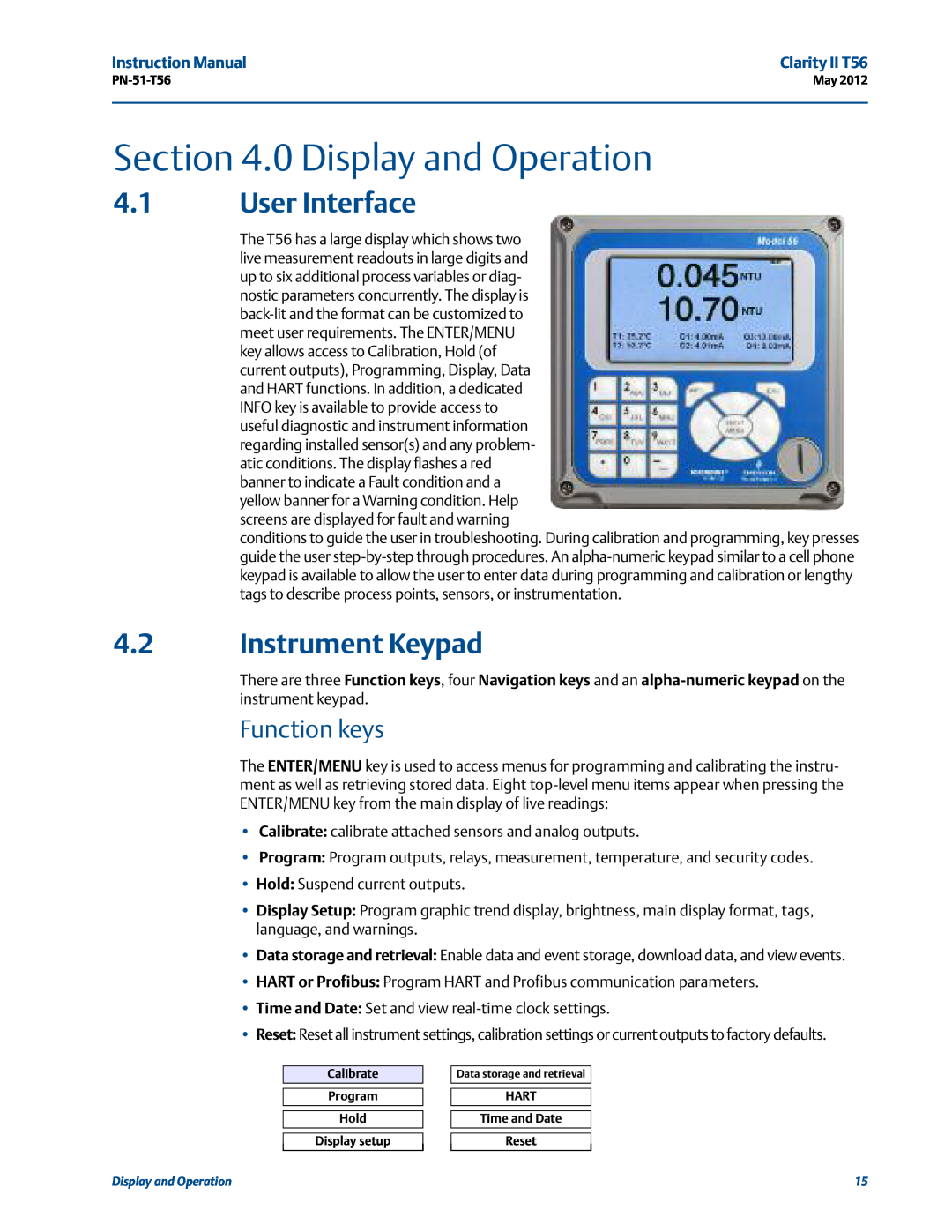 Emerson PN-51-T56 instruction manual 0 Display and Operation, User Interface, Instrument Keypad, Function keys 