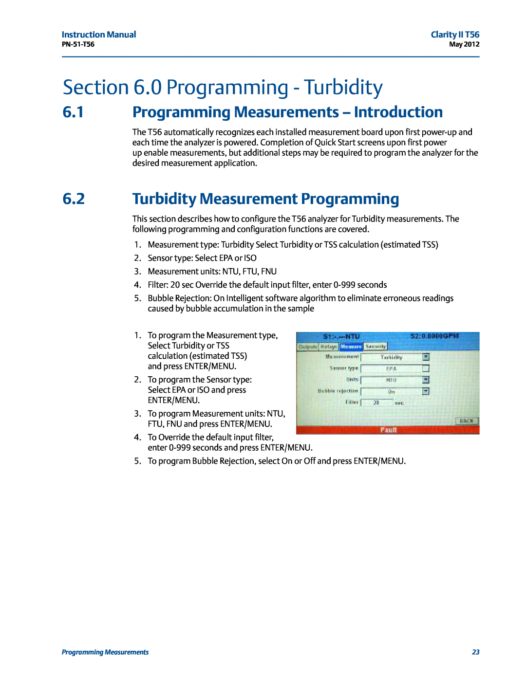 Emerson PN-51-T56 0 Programming - Turbidity, Programming Measurements - Introduction, Turbidity Measurement Programming 