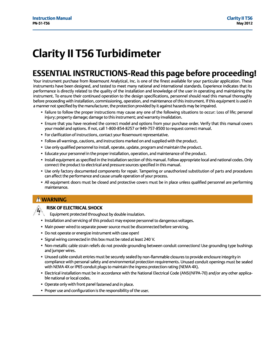 Emerson PN-51-T56 instruction manual Risk Of Electrical Shock, Clarity II T56 Turbidimeter 