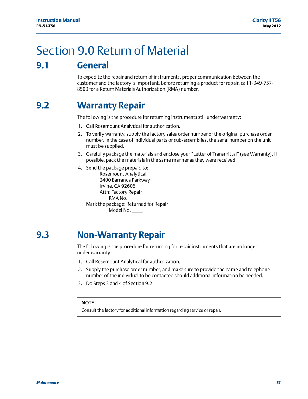 Emerson PN-51-T56 instruction manual 0 Return of Material, General, Non-Warranty Repair 
