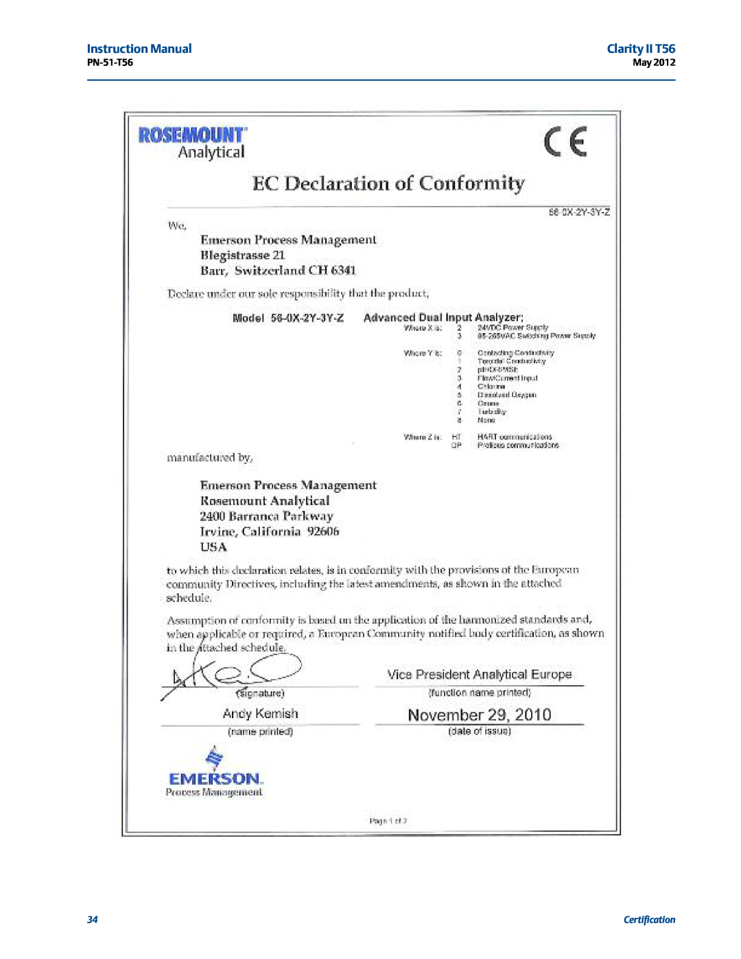 Emerson PN-51-T56 instruction manual Clarity II T56, Certification 