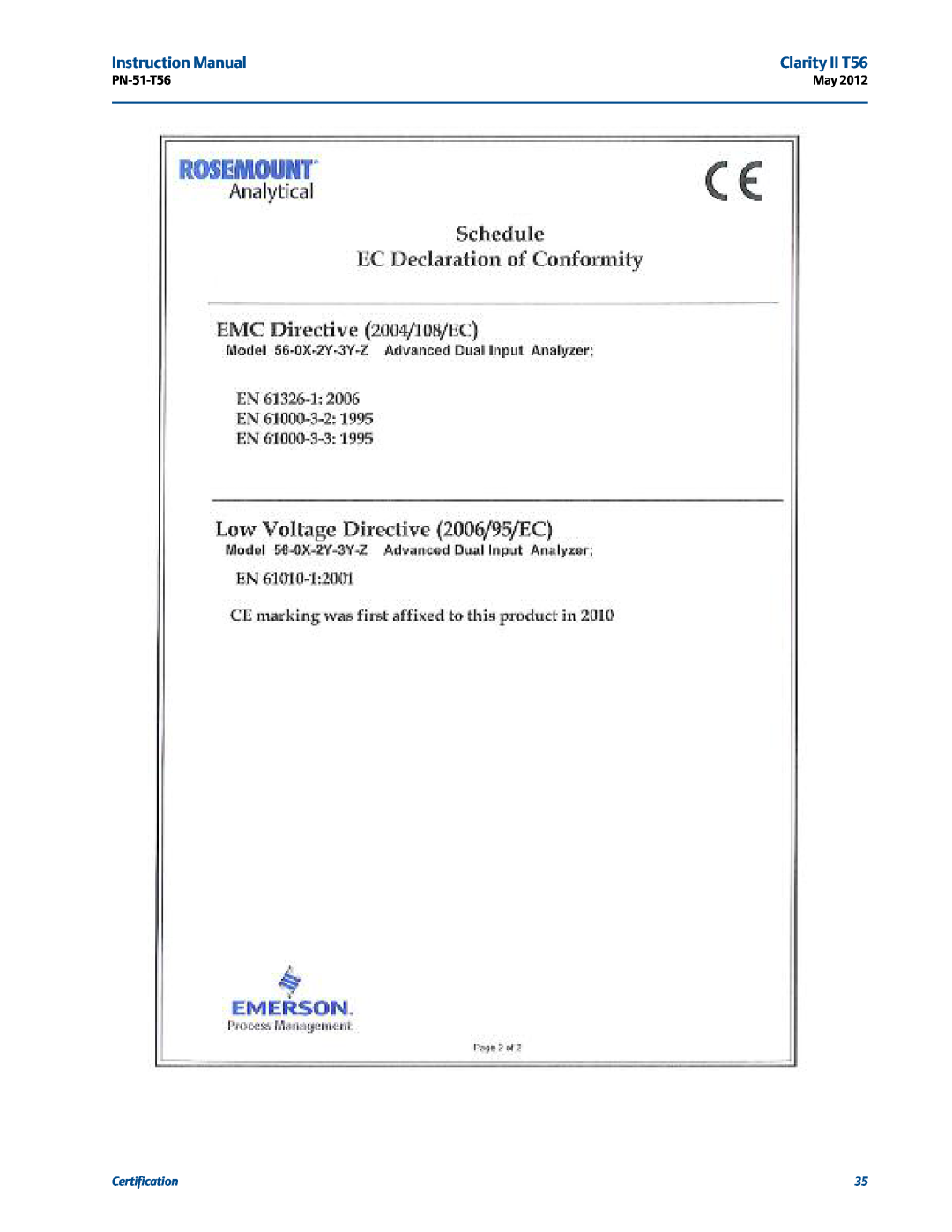 Emerson PN-51-T56 instruction manual Clarity II T56, Certification 