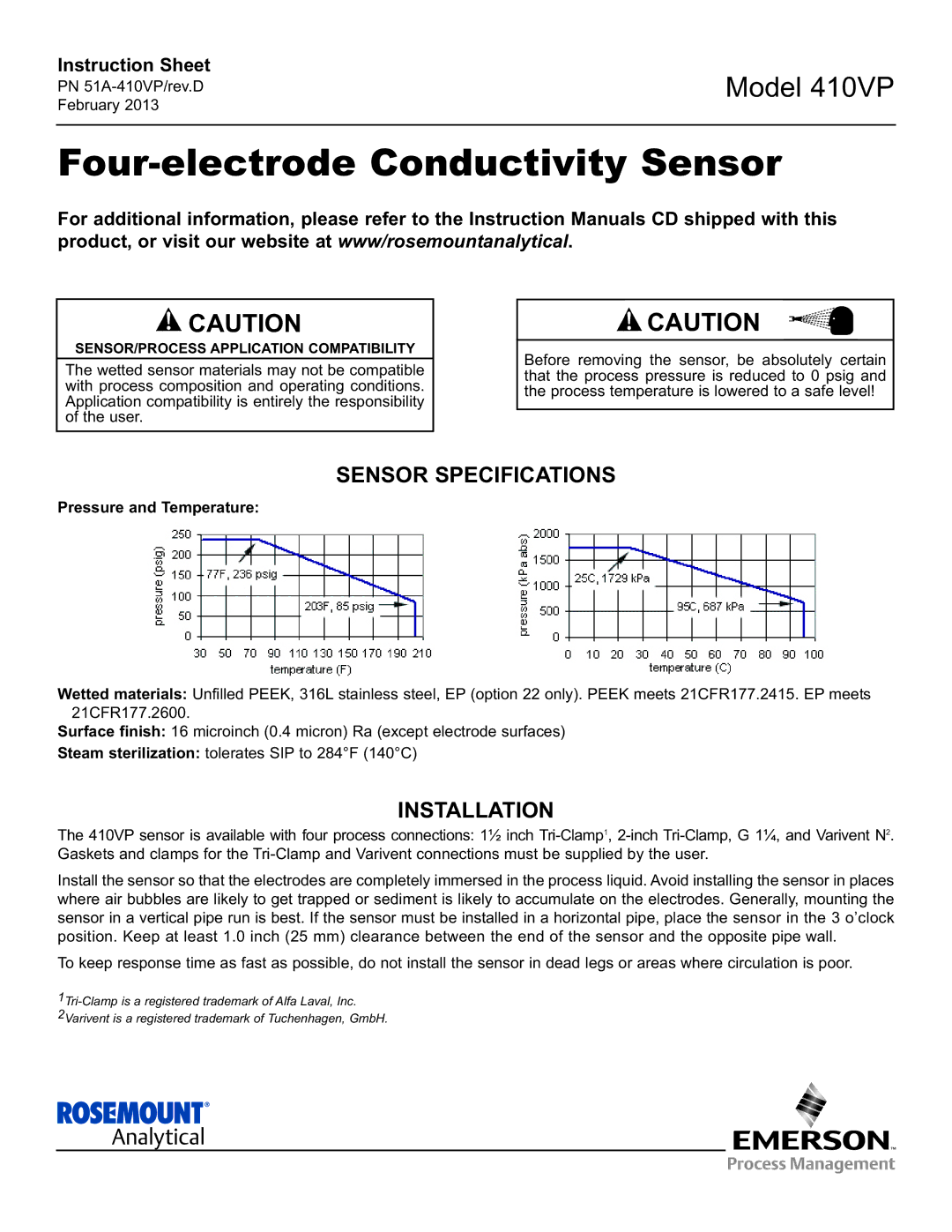 Emerson PN 51A-410VP instruction sheet Sensor Specifications, Installation 