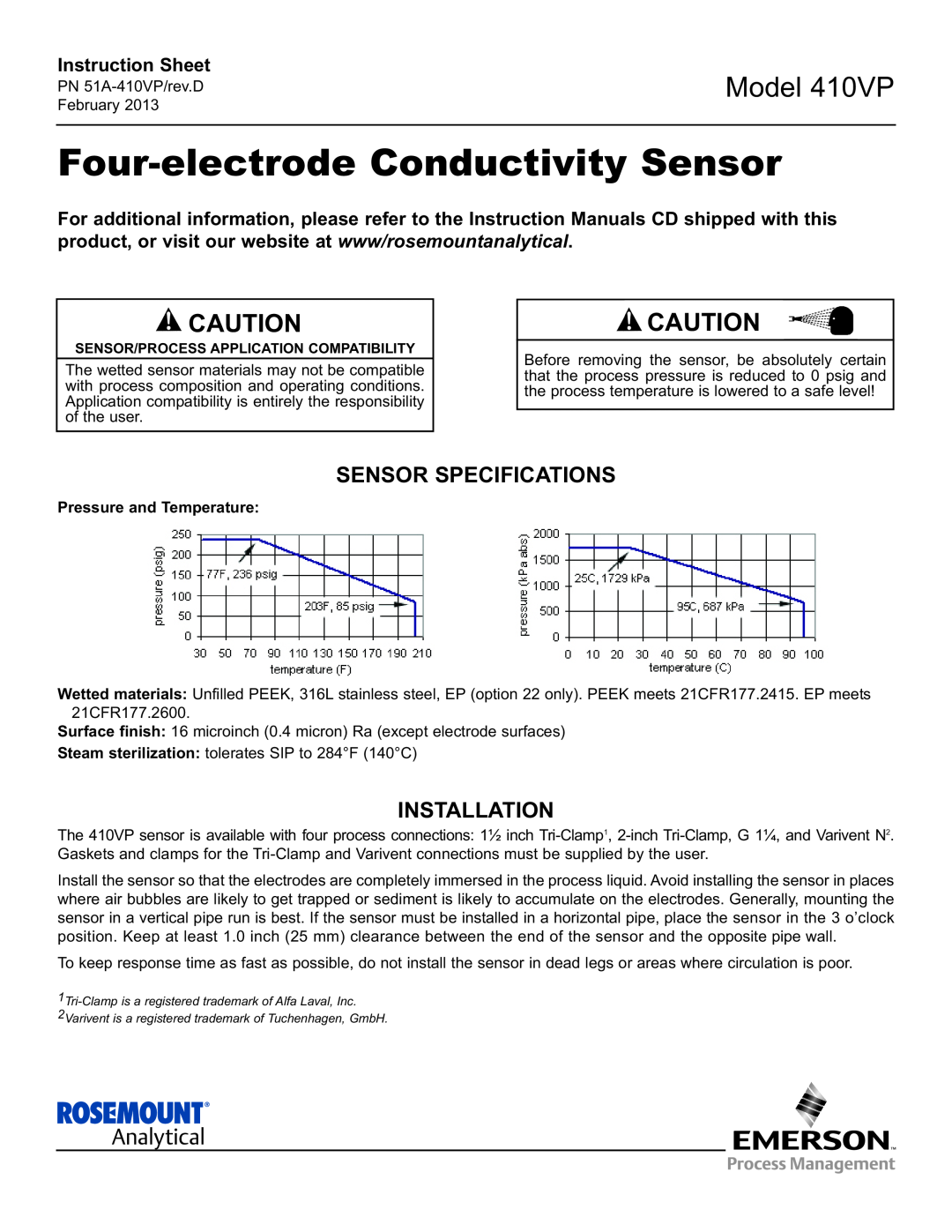 Emerson instruction sheet Sensor Specifications, Installation, Four-electrode Conductivity Sensor, Model 410VP 