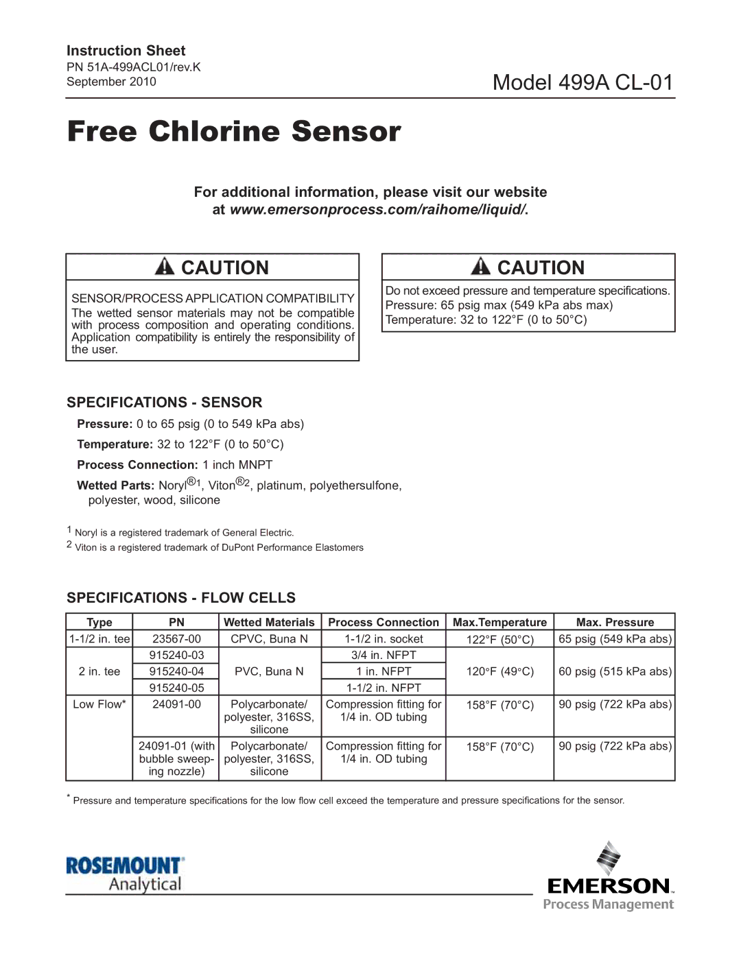 Emerson PN 51A-499ACL01/rev.K specifications Specifications Sensor, Specifications Flow Cells 