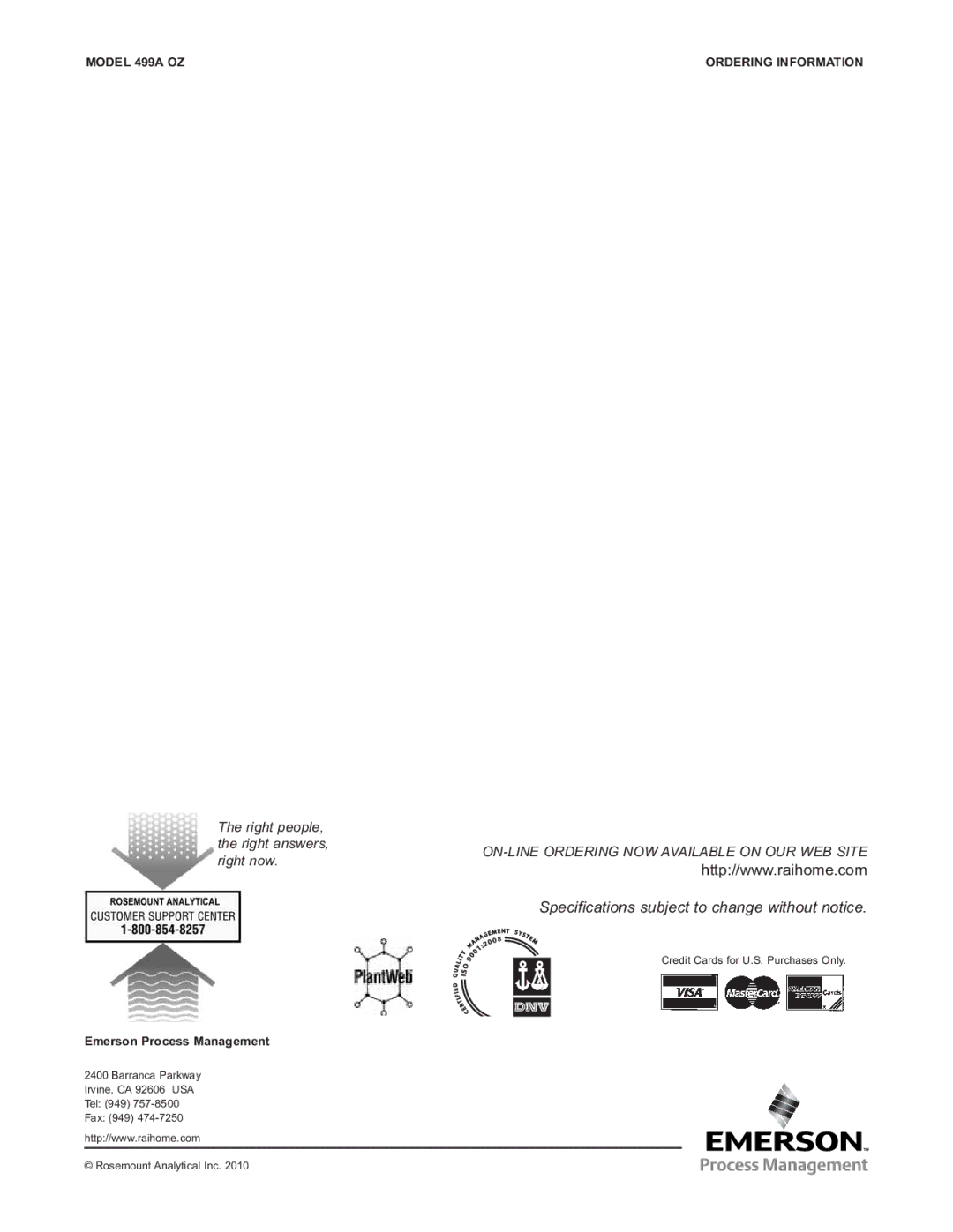 Emerson PN 51A-499AOZ, 499A OZ specifications Specifications subject to change without notice 