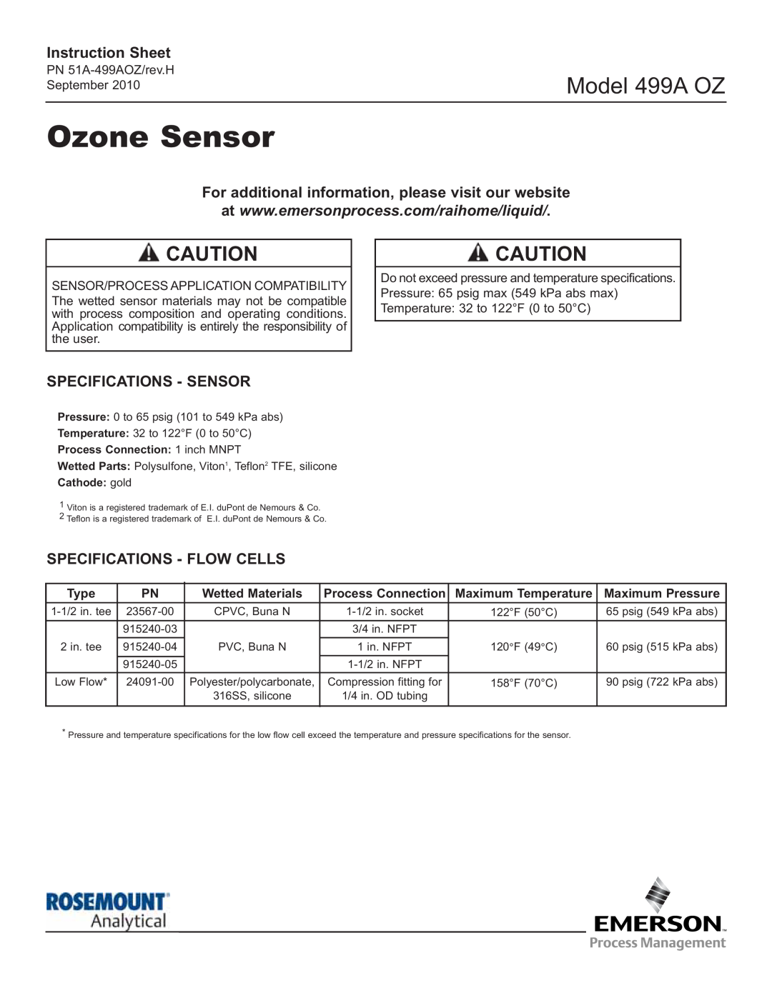 Emerson 499A OZ specifications Instruction Sheet, Specifications - Sensor, Specifications - Flow Cells, Type, Ozone Sensor 